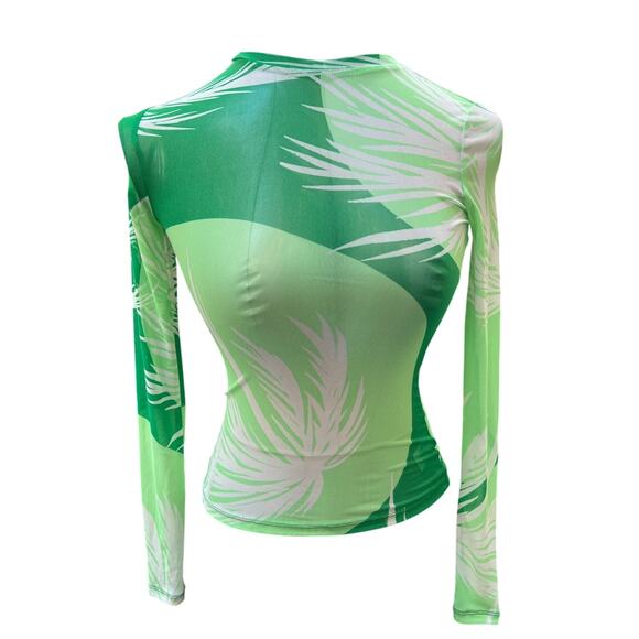 AFRM Tops - AFRM Sheer Tropical Print High Neck Long Women's Size XS Green